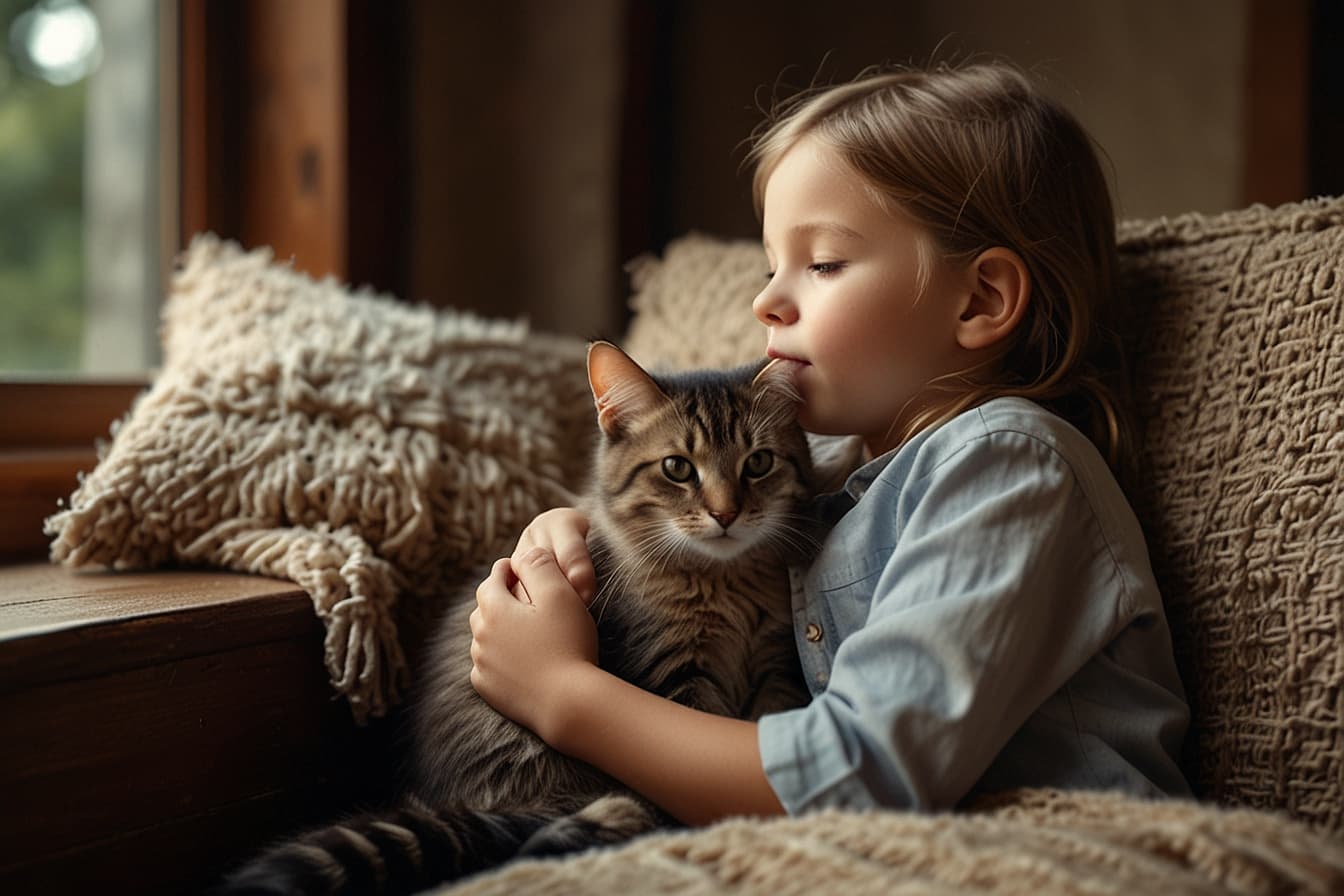 A happy person gently petting a cat, symbolizing the bond between humans and adopted pets.